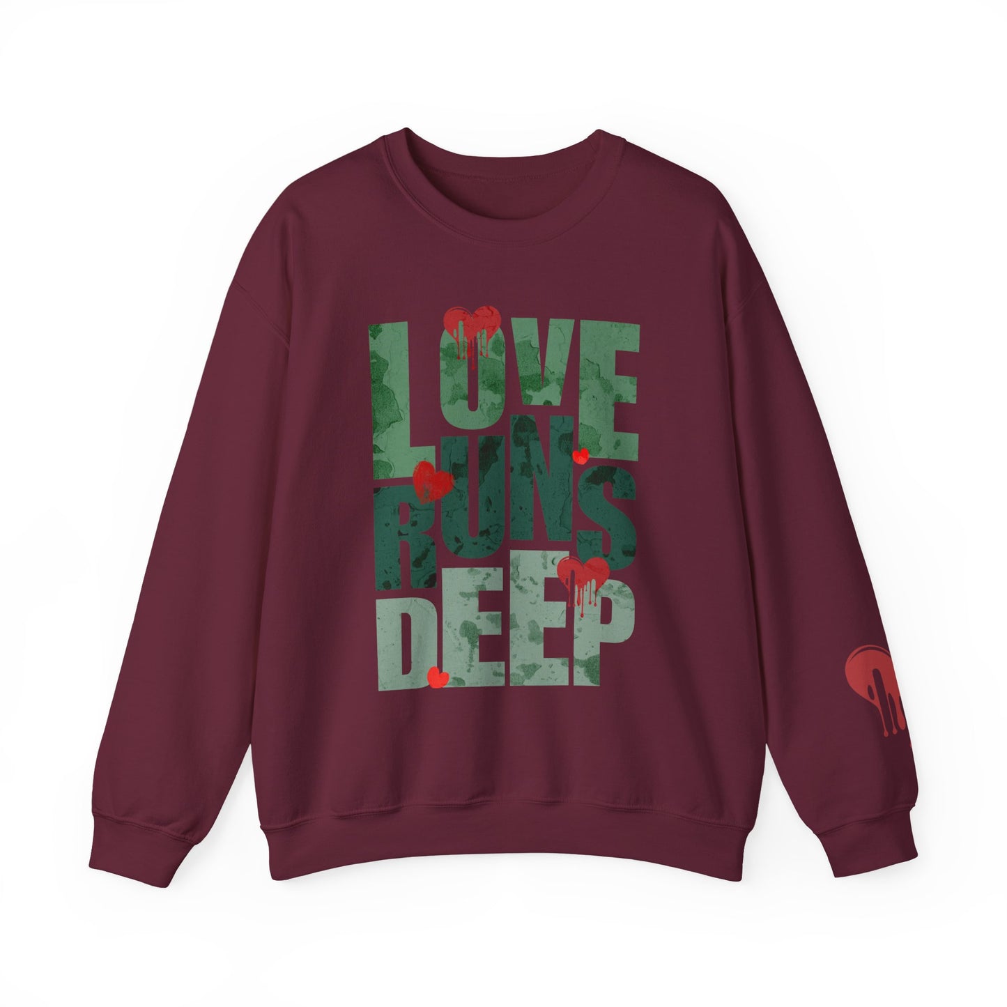 Crewneck Sweatshirt — "Love Runs Deep" Heart Graphic Valentine Pullover
