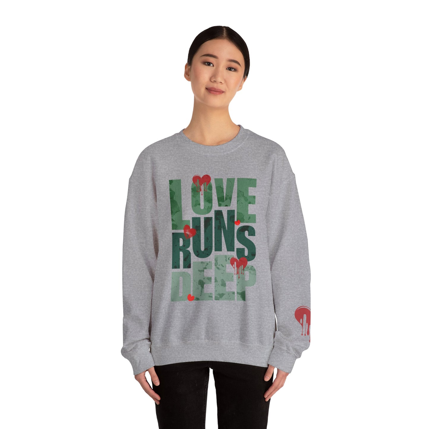 Crewneck Sweatshirt — "Love Runs Deep" Heart Graphic Valentine Pullover