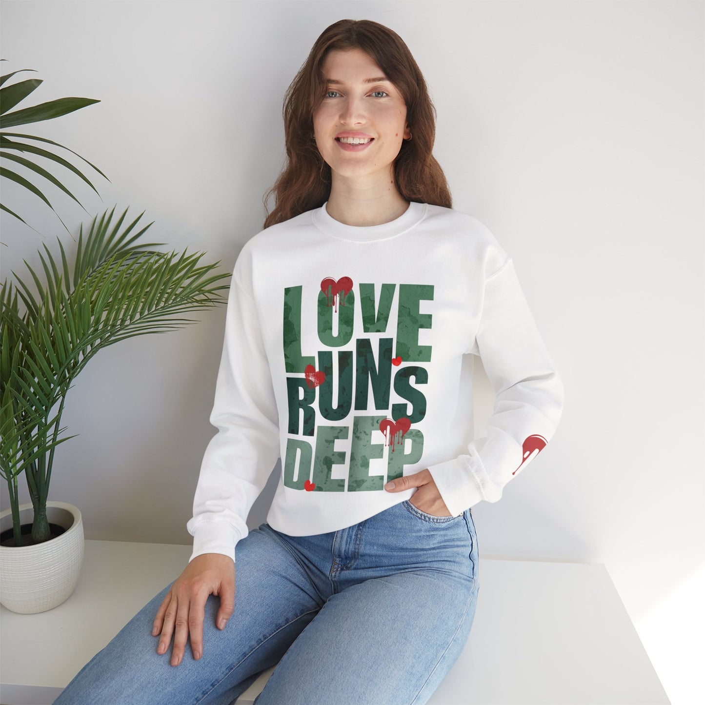 Crewneck Sweatshirt — "Love Runs Deep" Heart Graphic Valentine Pullover