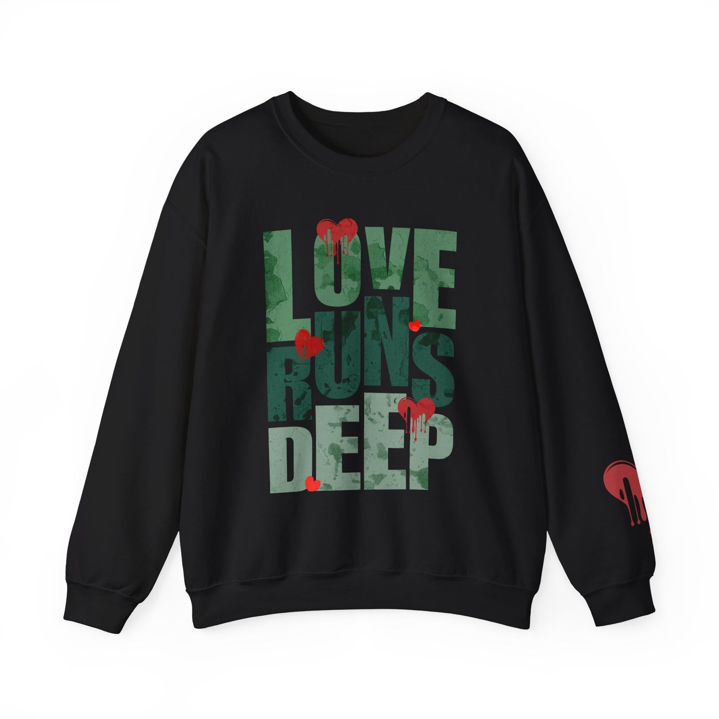 Crewneck Sweatshirt — "Love Runs Deep" Heart Graphic Valentine Pullover
