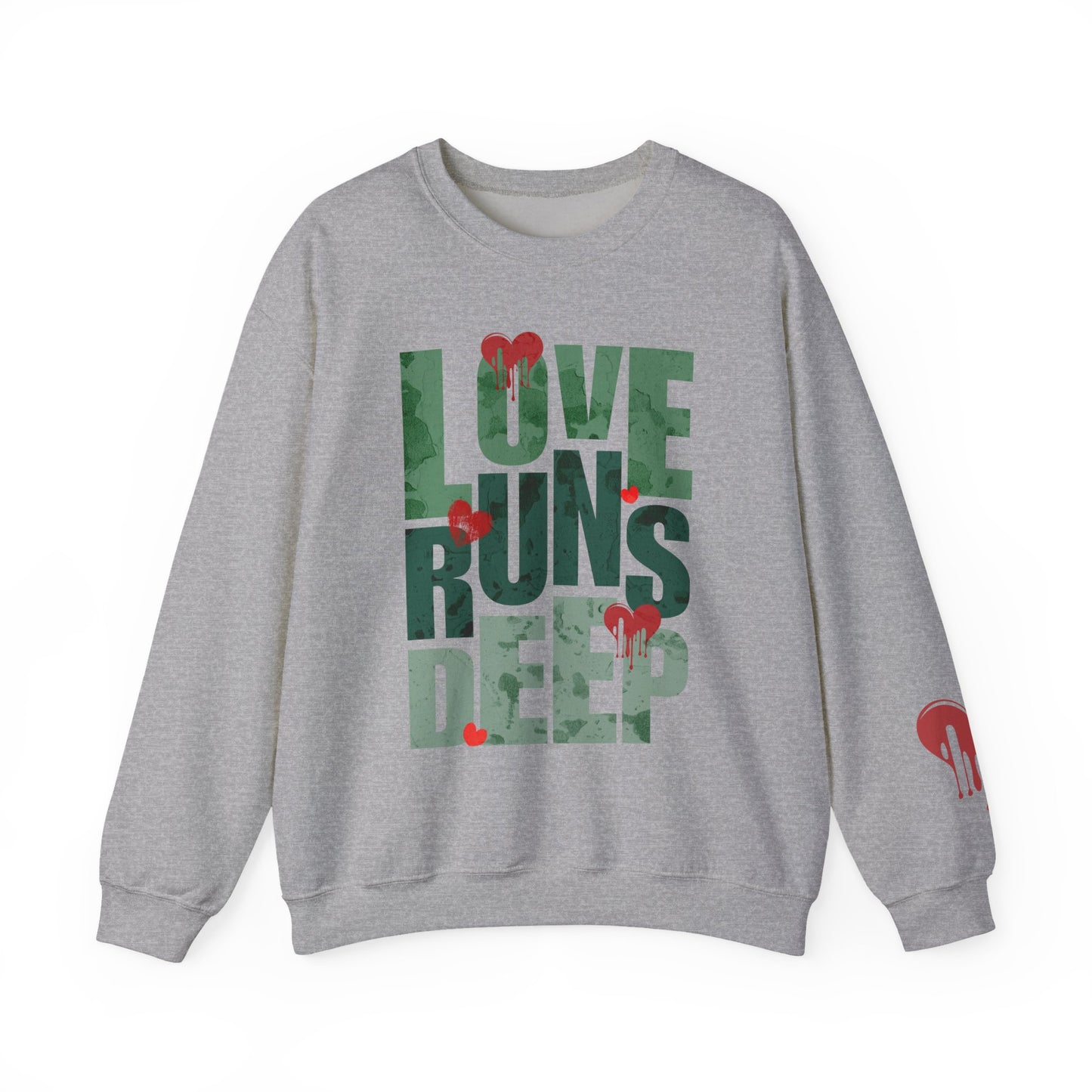 Crewneck Sweatshirt — "Love Runs Deep" Heart Graphic Valentine Pullover