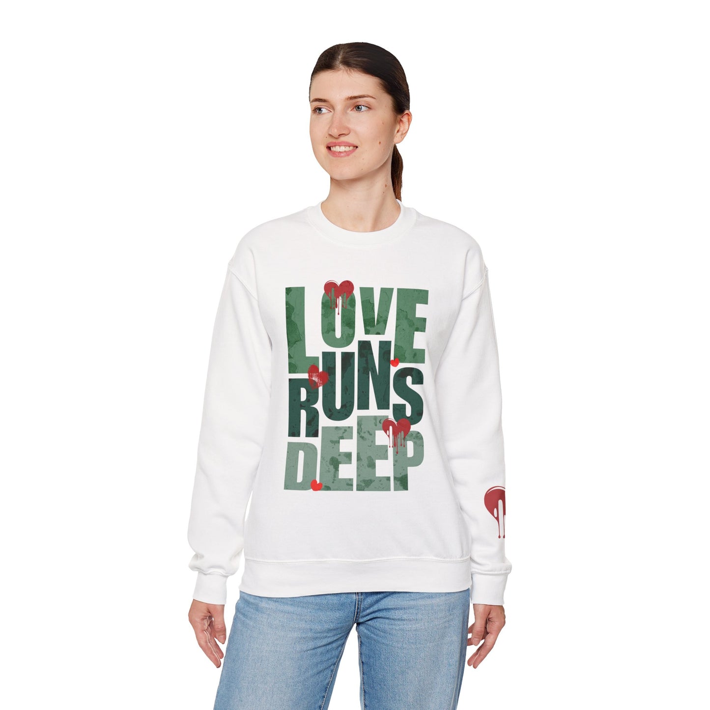 Crewneck Sweatshirt — "Love Runs Deep" Heart Graphic Valentine Pullover