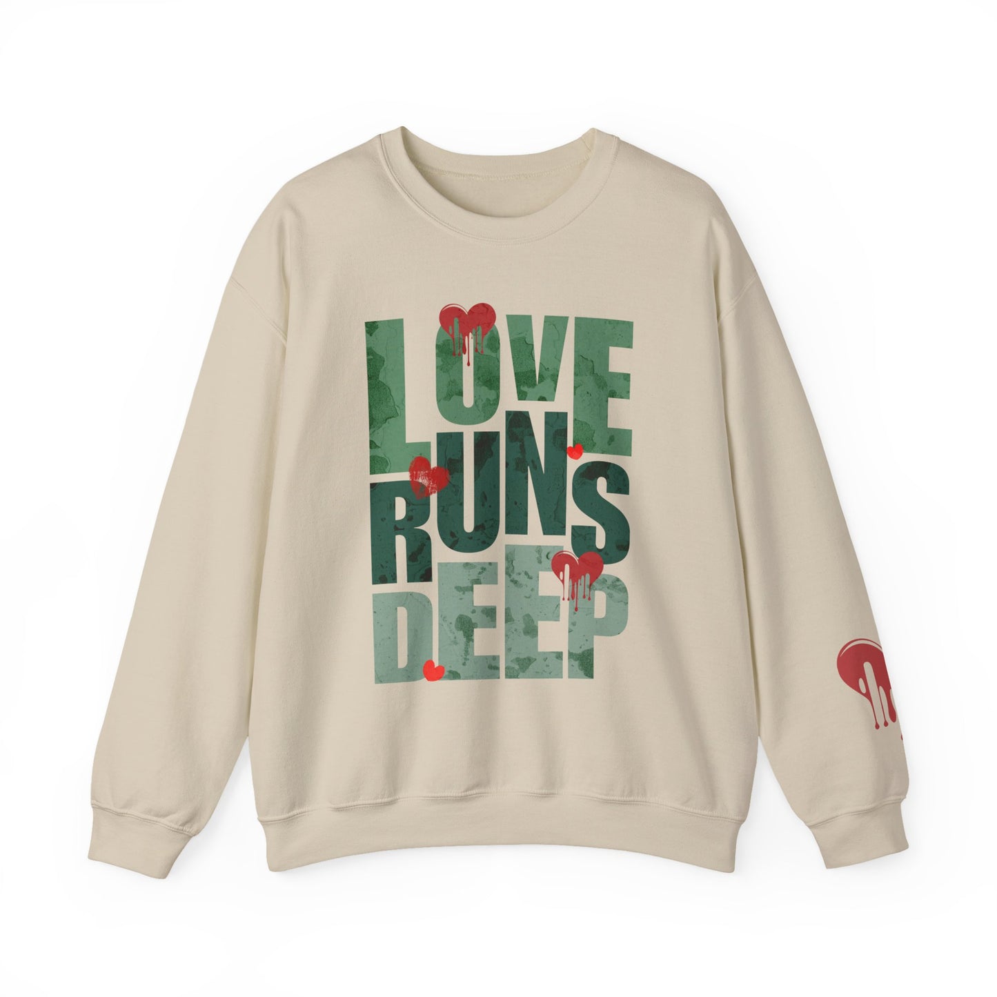 Crewneck Sweatshirt — "Love Runs Deep" Heart Graphic Valentine Pullover