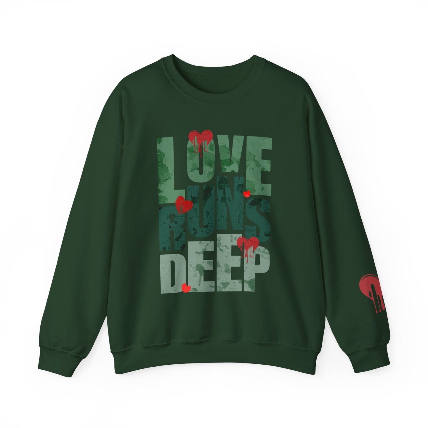 Crewneck Sweatshirt — "Love Runs Deep" Heart Graphic Valentine Pullover