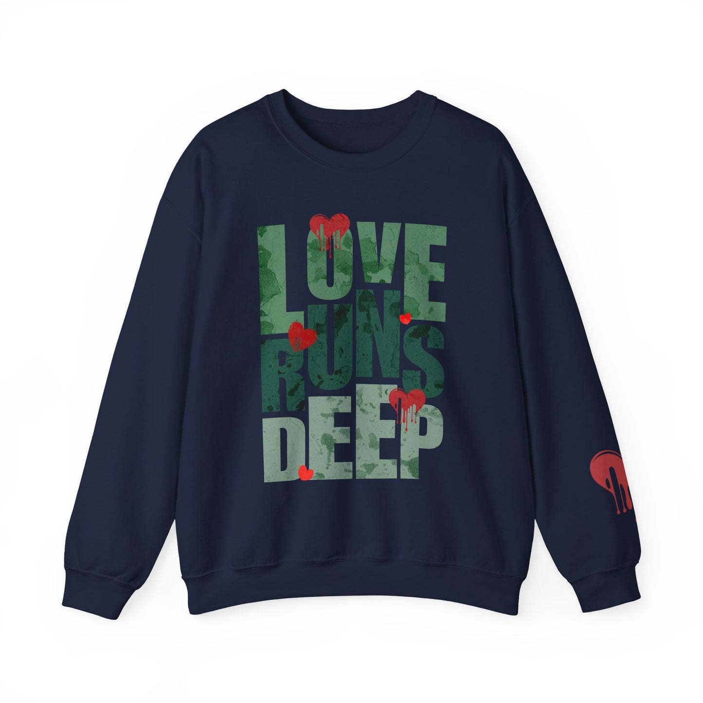 Crewneck Sweatshirt — "Love Runs Deep" Heart Graphic Valentine Pullover